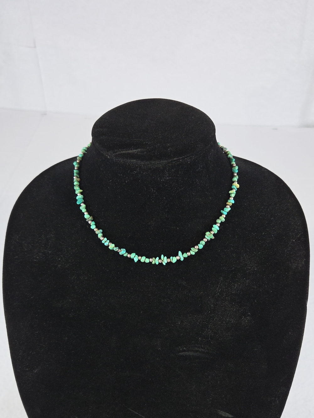 Turquoise Chip Bead Necklace - Green Gemstone Strand 925 Silver 16" Long